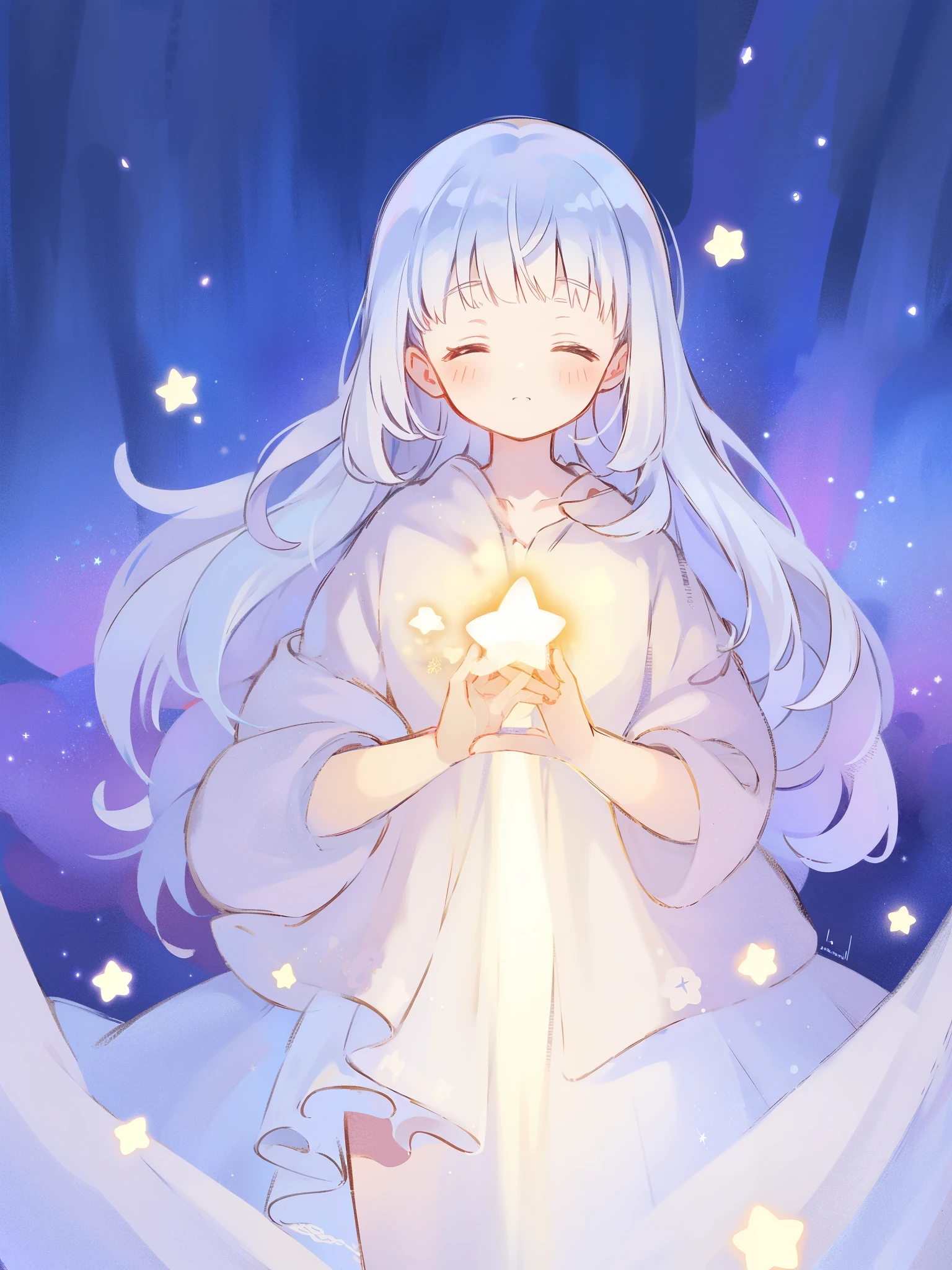 wishing star background, woman surrounded by flowing translucent fabric that reflects the stars, woman holding a glowing star in her hands, magical, complex drawing, highly detailed, ethereal, starry night, midjourney style