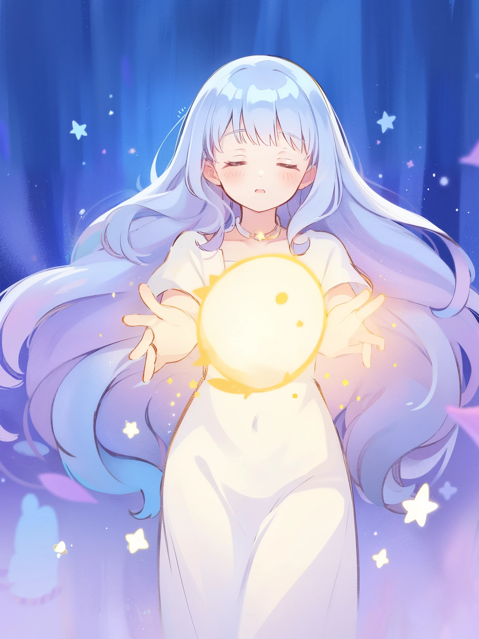wishing star background, woman surrounded by flowing translucent fabric that reflects the stars, woman holding a glowing star in her hands, magical, complex drawing, highly detailed, ethereal, starry night, midjourney style