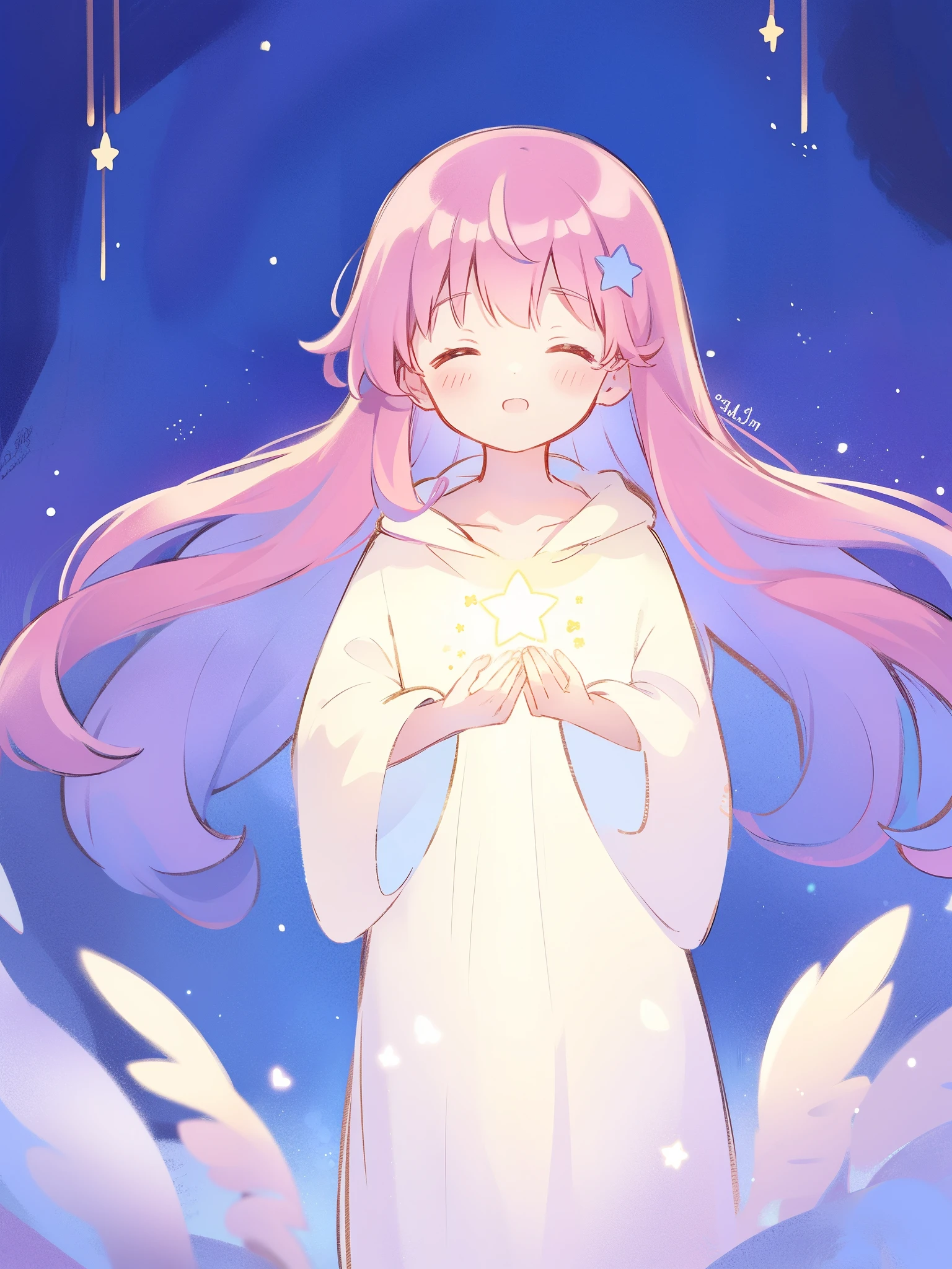 wishing star background, woman surrounded by flowing translucent fabric that reflects the stars, woman holding a glowing star in her hands, magical, complex drawing, highly detailed, ethereal, starry night, midjourney style