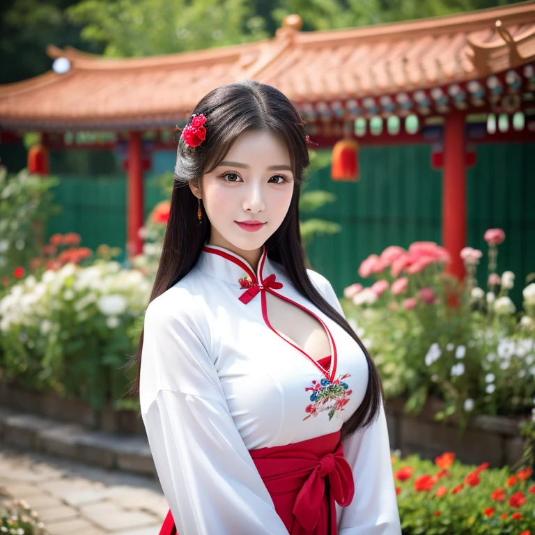 1 young woman aged 20 years, Full body, standing and walking beautifully, Long, flowing hair, Face with heavy makeup, clearly enhance beauty, Big, bouncy breasts, Looking at the camera with sexy eyes, in white dress, dark black,dark red dark blue, In a flower garden, Chinese woman, traditional chinese clothing Taken with a high quality camera 45,000,000,000 pixels 16k,,