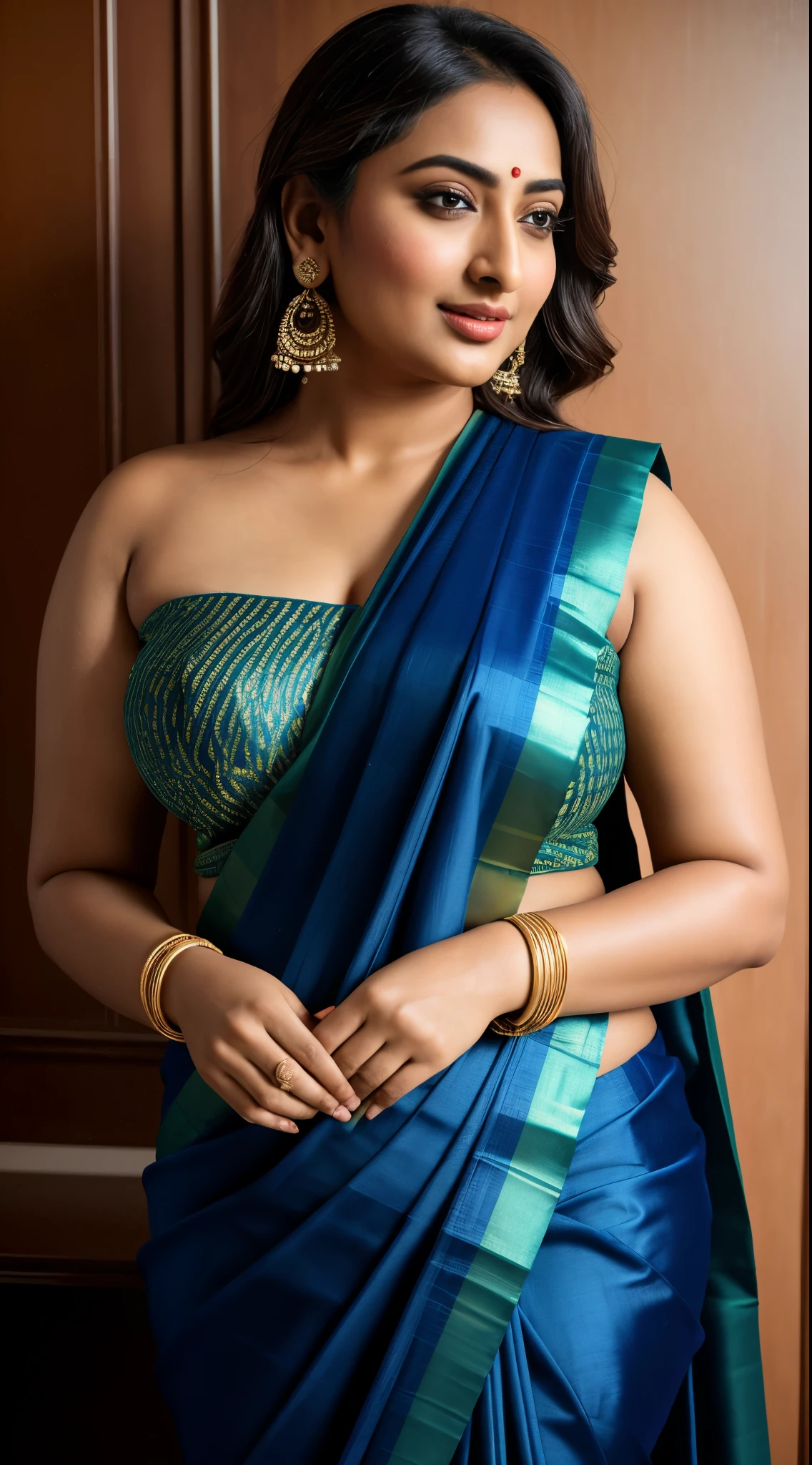 Foto RAW, photorealistic, photography, full body shot, master shot, perfect eyes, goddess like beauty, pierced eyes, perfect thick chubby mallu Desi aunty bhabhi, Wearing a Stanapatta, a chest-band.Saree model, model Photography, Indian saree shoot, Indian traditional wear advertising photography, traditional wear brand shoot, face of Indian actress Sonakshi Sinha, masterpiece, realistic, realism, incredible details,  pleasure, photorealism, detailed skin, skin pores, high contrast, photorealistic Artstation 8k HD digital art trend of high definition and detailed realistic skin texture, ultra detail, realistic skin texture, armature, best quality, ultra high definition, (photorealistic:1.4),, high resolution, detail, raw photo, sweat, Re sharp, by Lee Jefferies Nikon D850 Film Stock Photo 4 Kodak Portra 400 Camera F1.6 Lens Rich Color Ultra Real Realistic Realistic Textures Dramatic Lighting Unreal Engine Trending at Art Station Cinestill 800,(pele altamente detalhada: 1.2), 8k UHD, DSLR, soft-lighting, alta qualidade, grain of film, Fujifilm XT3,she didn't like to wear blouse or bra, she is happy to wear only saree, she hates blouse or bra, detailed hairy armpits, hyper realistic skin, skin pores, sweat, veins, 