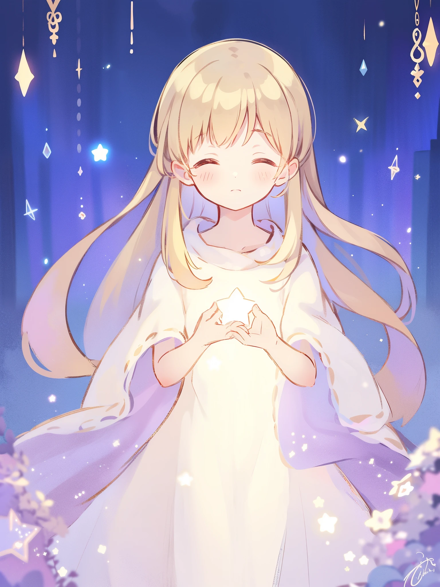 wishing star background, woman surrounded by flowing translucent fabric that reflects the stars, woman holding a glowing star in her hands, magical, complex drawing, highly detailed, ethereal, starry night, midjourney style