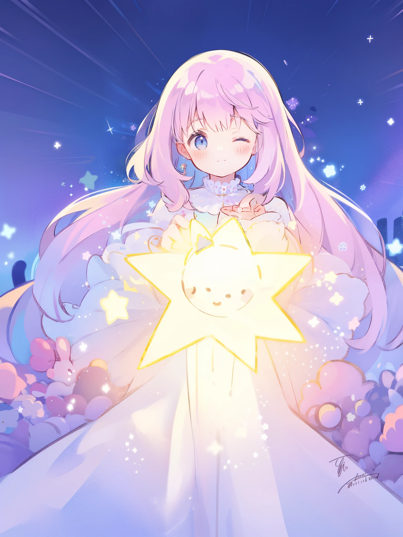 wishing star background, woman surrounded by flowing translucent fabric that reflects the stars, woman holding a glowing star in her hands, magical, complex drawing, highly detailed, ethereal, starry night, midjourney style