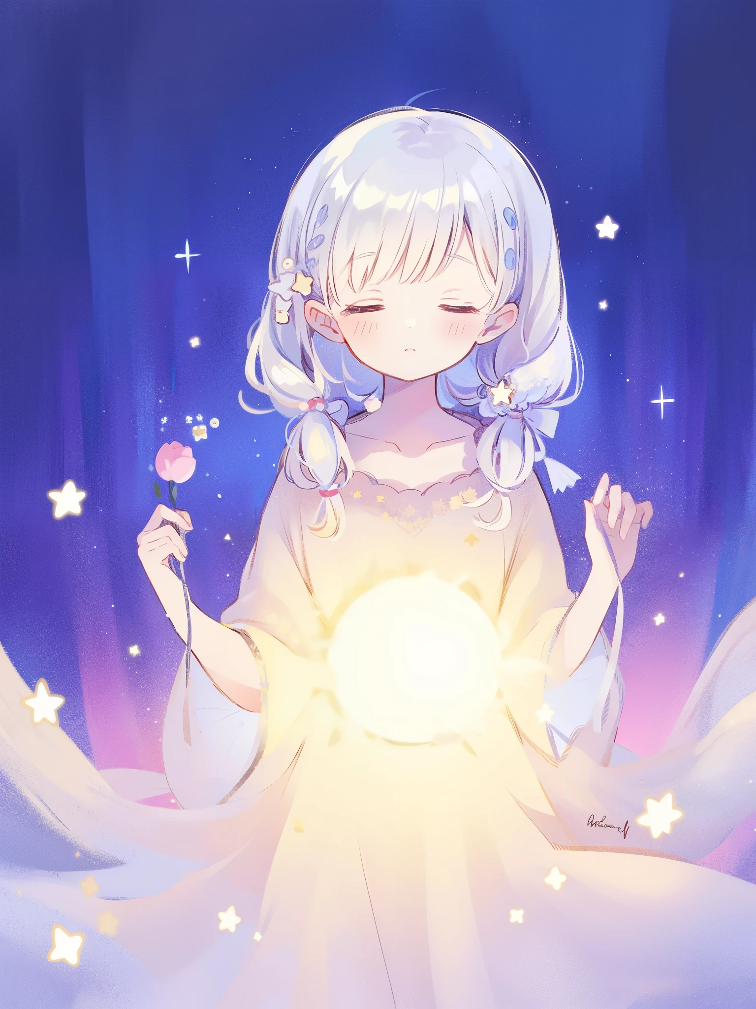 wishing star background, woman surrounded by flowing translucent fabric that reflects the stars, woman holding a glowing star in her hands, magical, complex drawing, highly detailed, ethereal, starry night, midjourney style
