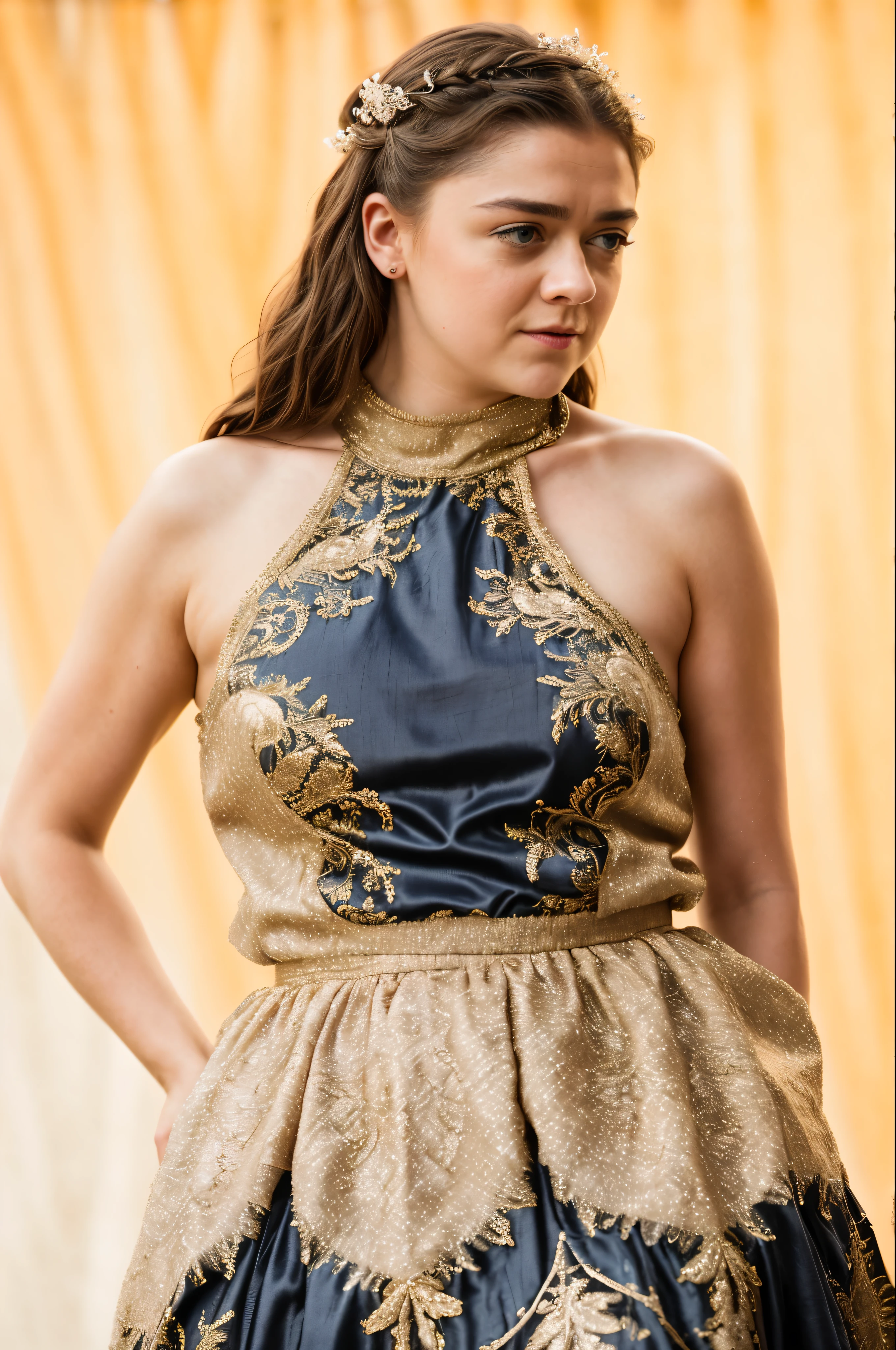 Foto RAW, Arya Stark, Stunning Beauty, Ravishing, Enchantress, Extremely gorgeous lady, Arya Stark PLAYED BY MAISIE WILLIAMS, Queen Arya Stark, she  a mature woman now, milf, sexy mediaeval battle dress, gladiator woman, body, 40 years old Woman, Roman slave dress, cotton dress, busty mediaeval costumes, body revealing costumes, perky breast, big natural breast, erotic costumes, lusty physique, seductive figure can capture every people's attention, Game of thrones costumes, revealing captivating figure, Mediaeval costumes, revealing clothes, A tomboy, she would rather fence than dance, warrior queen , game of thrones screen caps, Game of Thrones Series, (pele altamente detalhada: 1.2), 8k UHD, DSLR, soft-lighting, alta qualidade, grain of film, Fujifilm XT3, flawless picture, highly detailed, detailed Beauty, intricate, 32k, sharp picture,