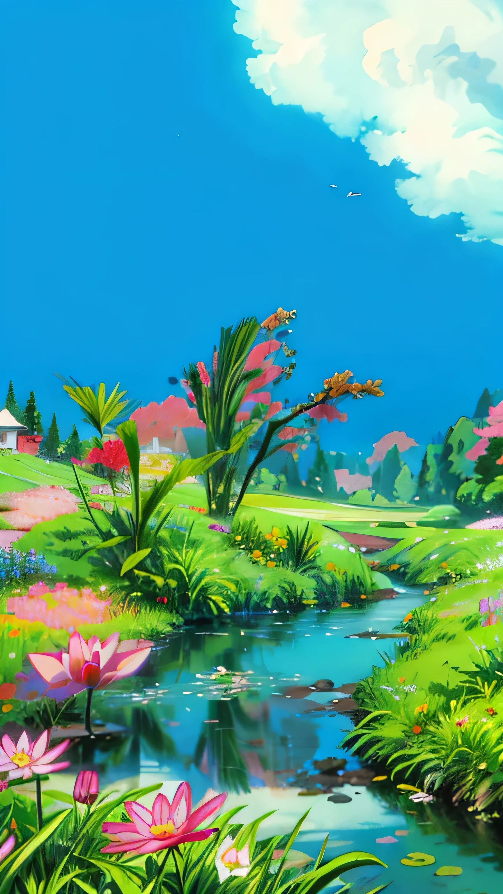 a small stream running through a lush green field, background of flowery hill, meadow background, anime scenery, anime beautiful peace scene, beautiful anime scenery, flowerfield, an aesthetic field of flowers, screenshot from a 2012s anime, grass and flowers, anime nature wallpap, anime nature, waterlily pond, flower fields, flower field, 4k hd,, beautiful art uhd 4 k, a beautiful artwork illustration, beautiful digital painting, highly detailed digital painting, beautiful digital artwork, detailed painting 4 k, very detailed digital painting, rich picturesque colors, gorgeous digital painting