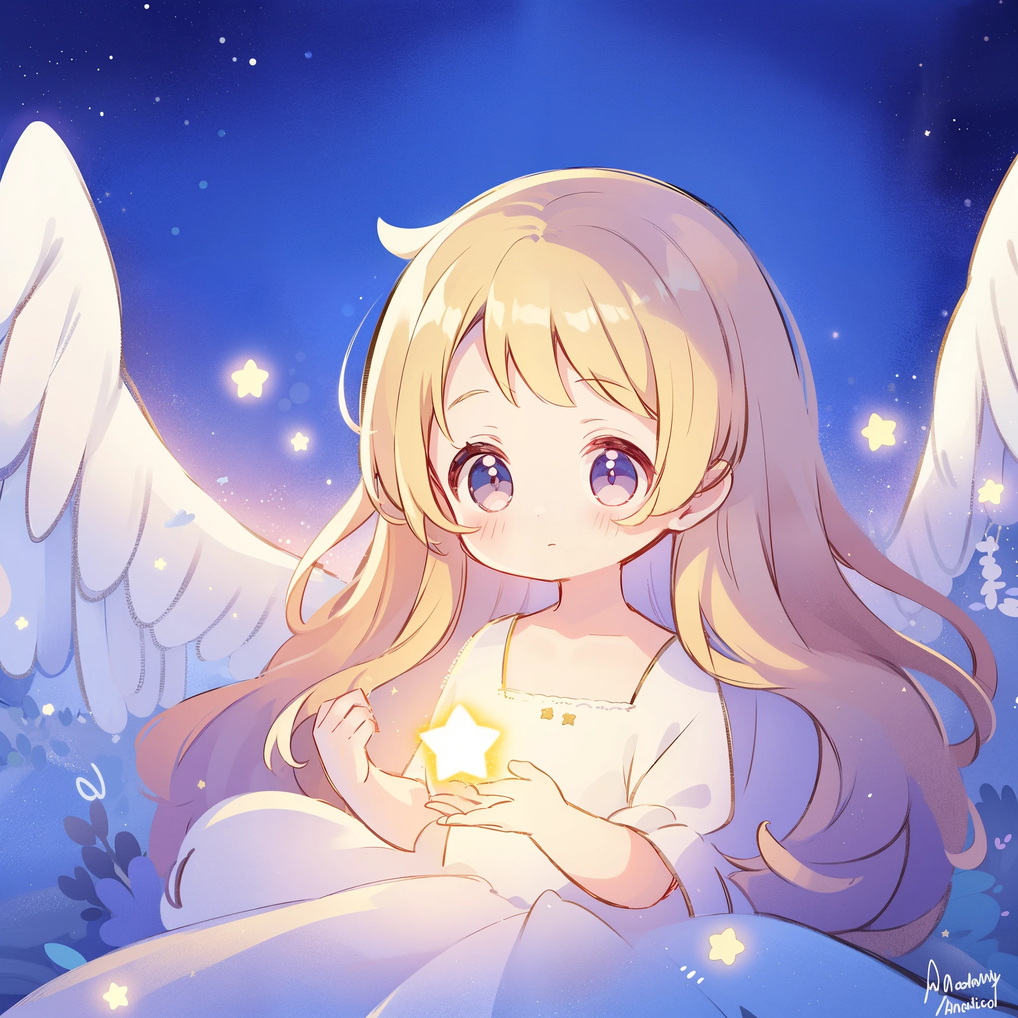 wishing star background, angel girl wearing an ethereal translucent dress that reflects the stars, magical, whimsical, fantasia, dreamy, serene composition, masterpiece, best quality, perfection, complex drawing, highly detailed, ethereal, starry night, midjourney style