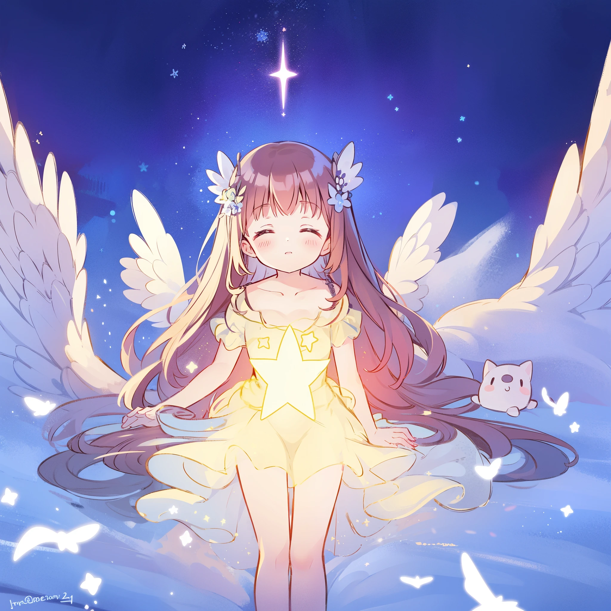wishing star background, angel girl wearing an ethereal translucent dress that reflects the stars, magical, whimsical, fantasia, dreamy, serene composition, masterpiece, best quality, perfection, complex drawing, highly detailed, ethereal, starry night, midjourney style