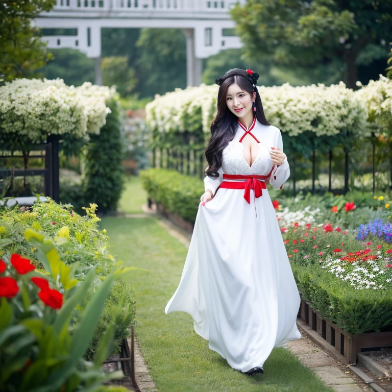 ung woman aged 30 years, Full body, standing and walking beautifully, Long, flowing hair, Face with heavy makeup, clearly enhance beauty, Big, bouncy breasts, Looking at the camera with sexy eyes, in white dress, dark black,dark red dark blue, In a flower garden, Chinese woman, traditional chinese clothing Taken with a high quality camera 45,000,000,000 pixels 16k,,