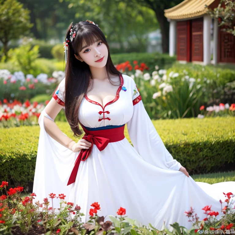 ung woman agedars, Full body, standing and walking beautifully, Long, flowing hair, Face with heavy makeup, clearly enhance beauty, Big, bouncy breasts, Lat the camera with sexy eyes, in whidress, dark black,dark red dark blue, In a flower garden, Chinese woman, traditional chinese clothing Taken with a high quality camera 45,000,000,000 pixels 16k,,