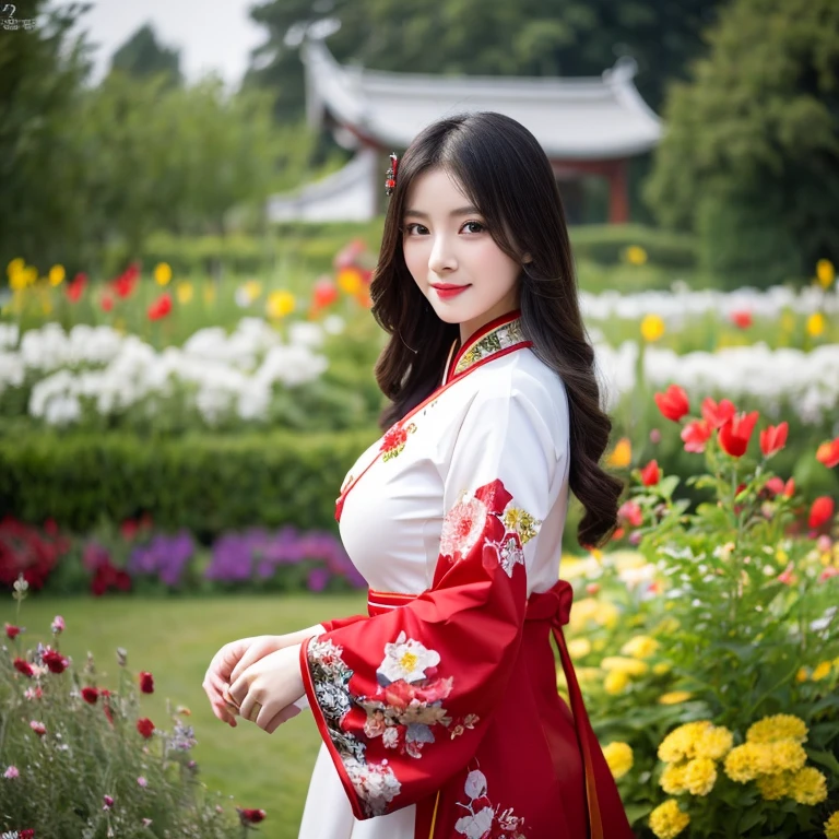 ung woman aged 30 years, Full body, standing and walking beautifully, Long, flowing hair, Face with heavy makeup, clearly enhance beauty, Big, bouncy breasts, Looking at the camera with sexy eyes, in white dress, dark black,dark red dark blue, In a flower garden, Chinese woman, traditional chinese clothing Taken with a high quality camera 45,000,000,000 pixels 16k,,