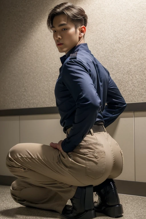 20-year-old boy ,Korean male officer ,..,handsome ,Wear long sleeve police uniform shirt...............,beige dark blue tight trousers, ,((unrealistic super big tight butt wearing pants))............................. Black boots and dark navy gloves.,sit on the ground , His legs spread apart sitting on the ground................................, Police Logo ,tight breasts ,Muscle Man , ((The arm muscles are very large...................)) ,large , Wide shoulders ,open legs, head turn slightly to looking back to the camera, rear shot.......................................... high angle looking down...............,Sexually suggestive, (Dynamic Poses:1.1) , thights , (Embossed Focus:1.2),On your knees........................., empty toilet cubicle at night, Best qualtiy , Wide lens from far ,deep depth of field ,Bokeh background , (((only boy , only male))) , masculine boy , hunk