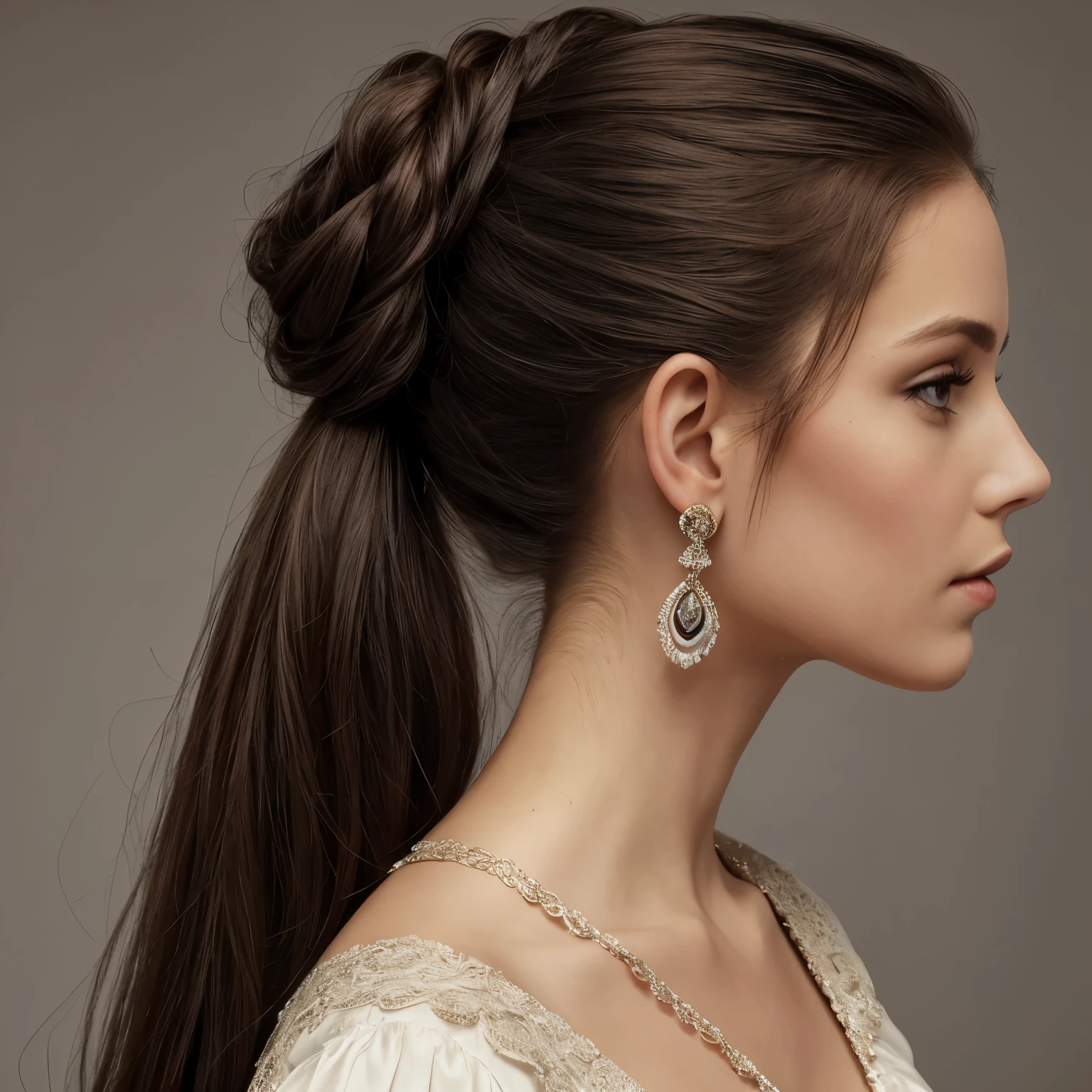  European woman with long hair in a ponytail, elegant portrait photo, fancy earrings, Victorian dress
