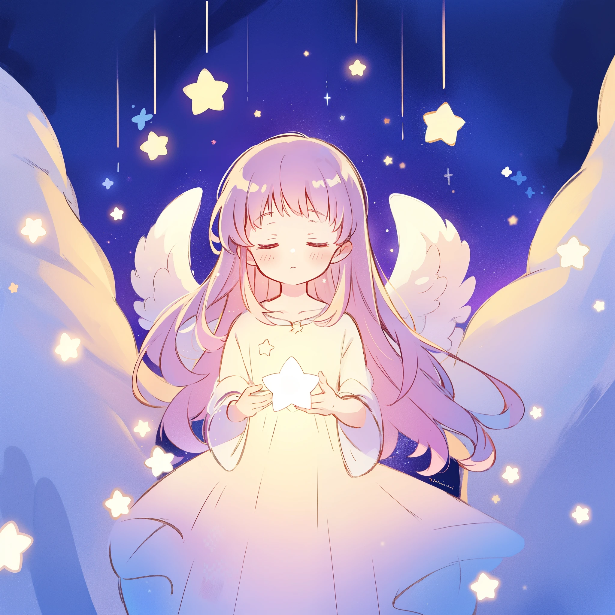 wishing star background, angel girl wearing an ethereal translucent dress that reflects the stars, magical, whimsical, fantasia, dreamy, serene composition, masterpiece, best quality, perfection, complex drawing, highly detailed, ethereal, starry night, midjourney style
