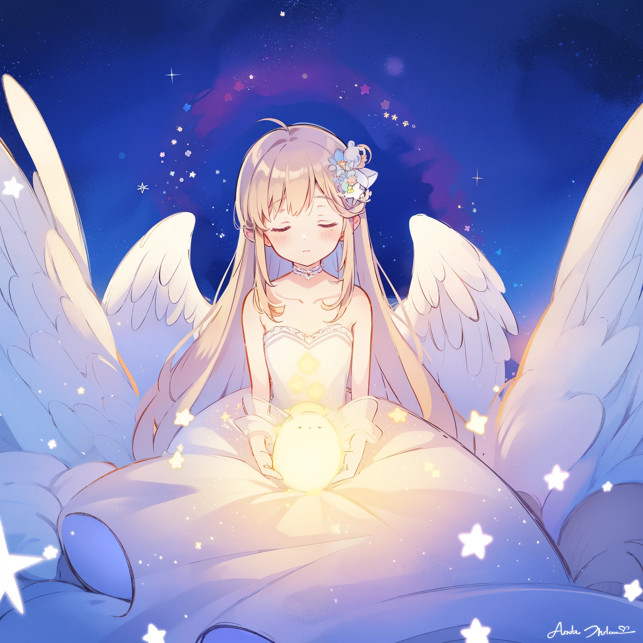 wishing star background, angel girl wearing an ethereal translucent dress that reflects the stars, magical, whimsical, fantasia, dreamy, serene composition, masterpiece, best quality, perfection, complex drawing, highly detailed, ethereal, starry night, midjourney style