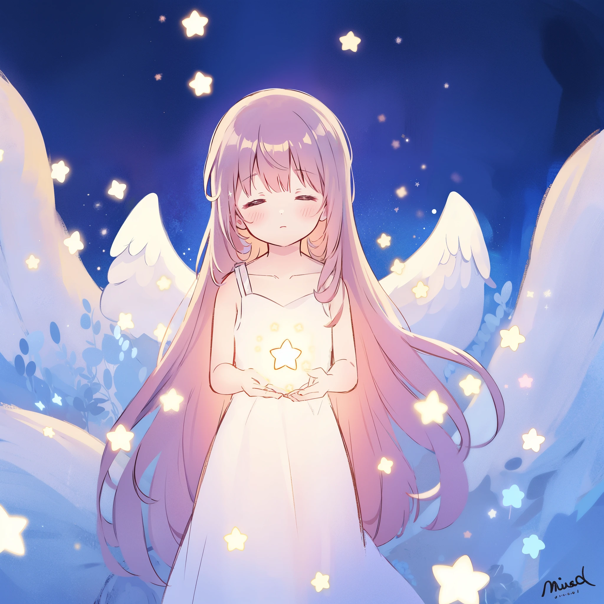 wishing star background, angel girl wearing an ethereal translucent dress that reflects the stars, magical, whimsical, fantasia, dreamy, serene composition, masterpiece, best quality, perfection, complex drawing, highly detailed, ethereal, starry night, midjourney style
