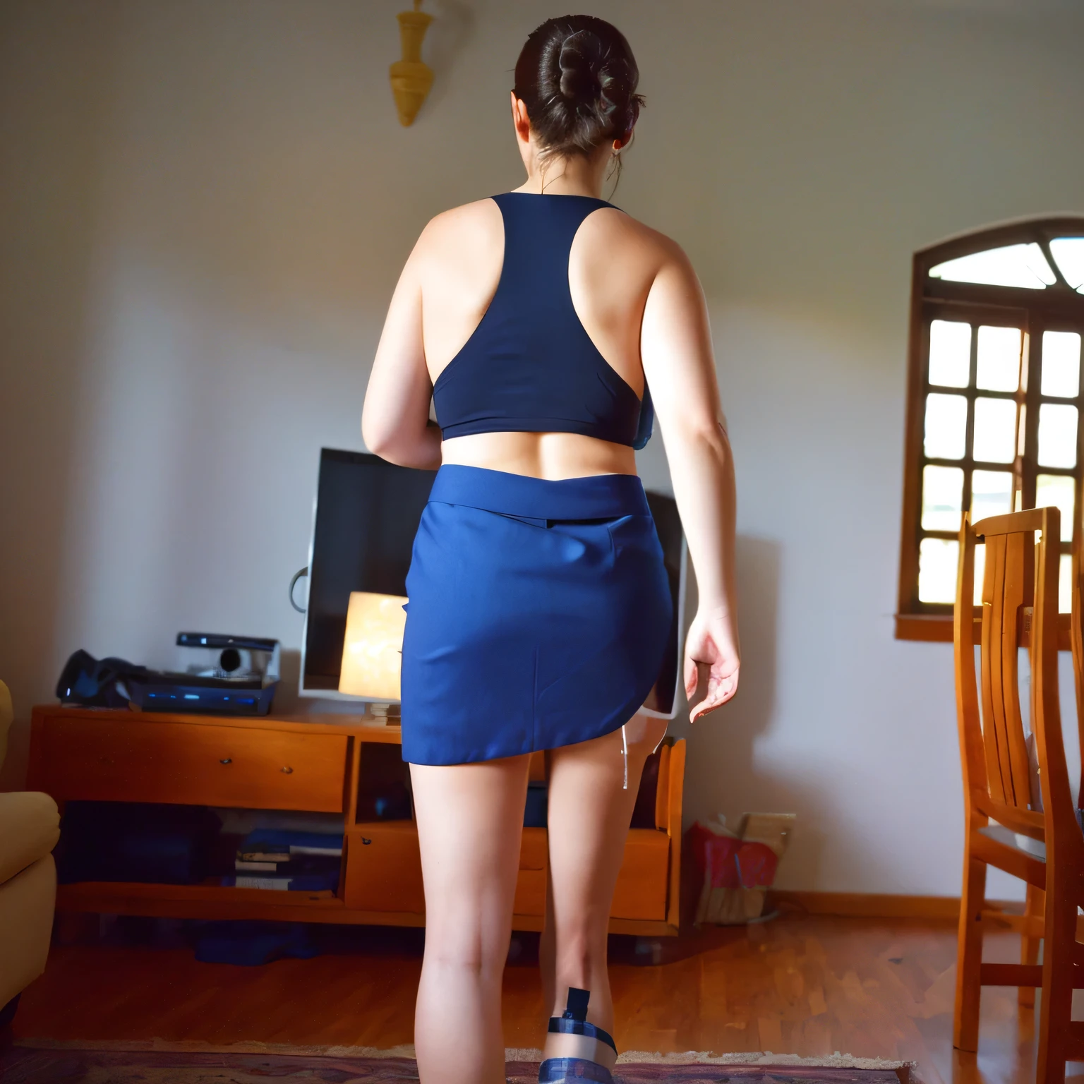 there is a woman in a blue skirt standing in a living room, back - shot, back shot, long shot from the back, rear-shot, long shot from back, view from the back, from the back, shot from the back, seen from the back, from back, rear shot, backview, medium shot taken from behind, back view!!