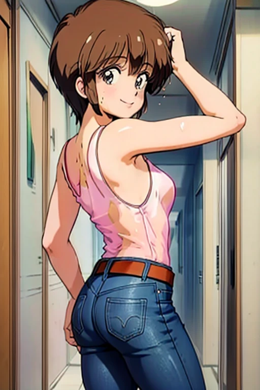 masterpiece, best quality, hiyama hikaru, wet see thru tank top, jeans, brown belt, arched back, looking at viewer, from below, looking at viewer, hallway, smile