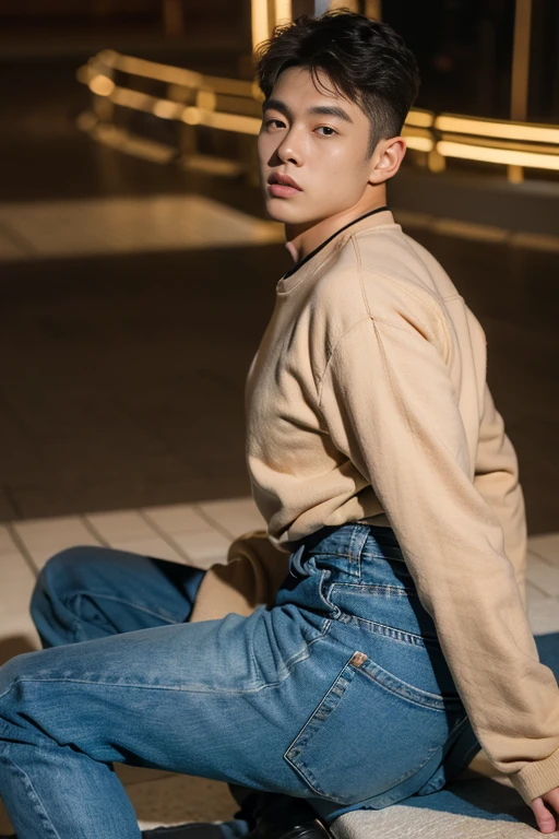 20-year-old boy ,Korean male officer ,..,handsome ,Wear long sleeve police uniform shirt...............,beige dark blue tight trousers, ,((unrealistic super big tight butt wearing pants))............................. Black boots and dark navy gloves.,sit on the ground , His legs spread apart sitting on the ground................................, Police Logo ,tight breasts ,Muscle Man , ((The arm muscles are very large...................)) ,large , Wide shoulders ,open legs, head turn slightly to looking back to the camera, rear shot.......................................... high angle looking down...............,Sexually suggestive, (Dynamic Poses:1.1) , thights , (Embossed Focus:1.2),On your knees........................., empty toilet cubicle at night, Best qualtiy , Wide lens from far ,deep depth of field ,Bokeh background , (((only boy , only male))) , masculine boy , hunk
