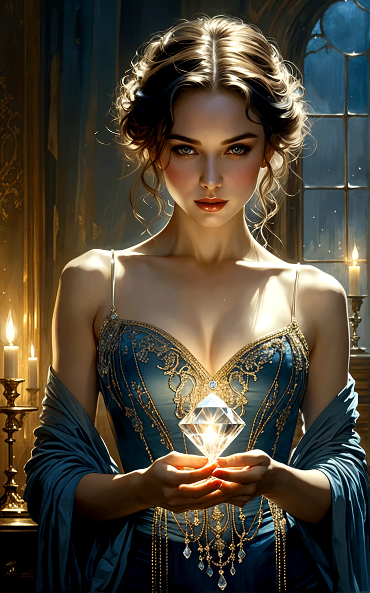 (Masterpiece - Ultra-detailed, very high resolution) Prepare to be enchanted by a true masterpiece that combines ultra-detailed art with high-resolution rendering. This work depicts a mesmerizing woman with very long black hair (1.3) and captivating light blue eyes (1.2), emanating an aura of elegance and mystery in Victorian settings. The intricate details and realistic textures invite you to explore every aspect of this enchanting composition. Woman wearing beautiful classic Victorian costume from the year 1878. Red lips. Happy face. Smiling. white dress. Dancing lightly, upper body, dynamic poses. Get ready to dive into a world where beauty and craftsmanship merge perfectly.