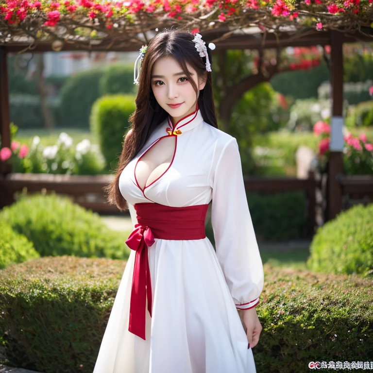 ung woman aged 20 years, Full body, standing and walking beautifully, Long, flowing hair, Face with heavy makeup, clearly enhance beauty, Big, bouncy breasts, Looking at the camera with sexy eyes, in white dress, dark black,dark red dark blue, In a flower garden, Chinese woman, traditional chinese clothing Taken with a high quality camera 45,000,000,000 pixels 16k,,