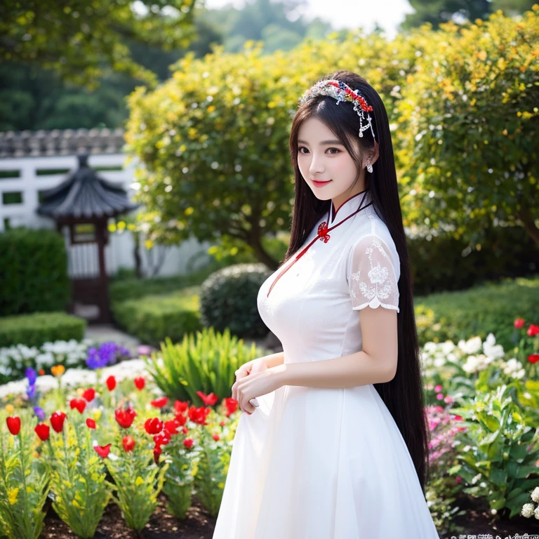 ung woman aged 30 years, Full body, standing and walking beautifully, Long, flowing hair, Face with heavy makeup, clearly enhance beauty, Big, bouncy breasts, Looking at the camera with sexy eyes, in white dress, dark black,dark red dark blue, In a flower garden, Chinese woman, traditional chinese clothing Taken with a high quality camera 45,000,000,000 pixels 16k,,