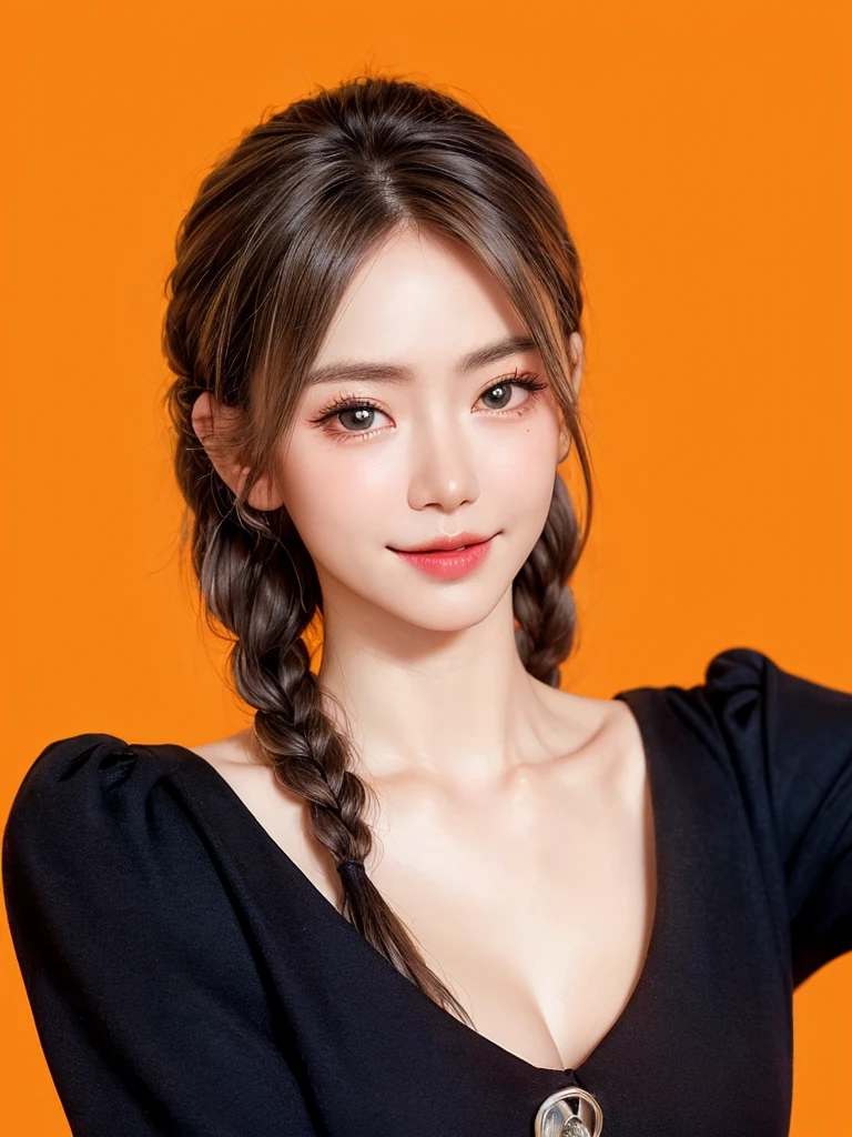 (masterpiece, highest quality, sfw:1.8),1 girl, alone, realistic, realistic, light colored black eyes, black twin braids hair with highly detailed shiny hair, Winter clothes, Whity, lips, bangs, outdoor, closed mouth, Upper body、Big eyes、eyelash、((very simple orange background:1.8))、(((Black French Braid, Big eyes、big and full chest、avoiding eye contact 、beautiful beauty、show me your ears、long neck、low hairline)))、ideal body proportions、{Huge|big|Huge|mega} chest, cleavage:2, Blushing, Shy smile, Embarrassed, Flushed cheeks, Timid expression, Coy look, Bashful, Sheepish grin