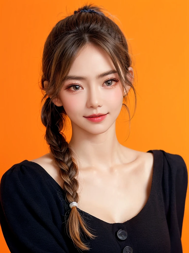 (masterpiece, highest quality, sfw:1.8),1 girl, alone, realistic, realistic, light colored black eyes, black twin braids hair with highly detailed shiny hair, Winter clothes, Whity, lips, bangs, outdoor, closed mouth, Upper body、Big eyes、eyelash、((very simple orange background:1.8))、(((Black French Braid, Big eyes、big and full chest、avoiding eye contact 、beautiful beauty、show me your ears、long neck、low hairline)))、ideal body proportions、{Huge|big|Huge|mega} chest, cleavage:2, Blushing, Shy smile, Embarrassed, Flushed cheeks, Timid expression, Coy look, Bashful, Sheepish grin