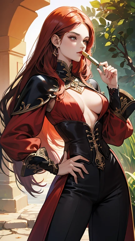 Create a female fantasy fiction antagonist outfit, com a paleta preta, marrom e vermelha, It is important that she wears pants and that her entire body is covered..