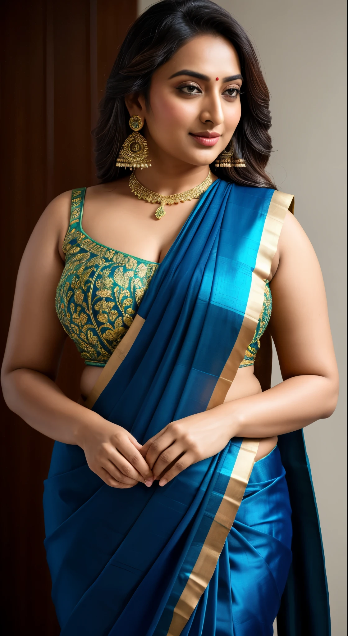 Foto RAW, photorealistic, photography, full body shot, master shot, perfect eyes, goddess like beauty, pierced eyes, perfect thick chubby mallu Desi aunty bhabhi, Wearing a Stanapatta, a chest-band.Saree model, model Photography, Indian saree shoot, Indian traditional wear advertising photography, traditional wear brand shoot, face of Indian actress Sonakshi Sinha, masterpiece, realistic, realism, incredible details,  pleasure, photorealism, detailed skin, skin pores, high contrast, photorealistic Artstation 8k HD digital art trend of high definition and detailed realistic skin texture, ultra detail, realistic skin texture, armature, best quality, ultra high definition, (photorealistic:1.4),, high resolution, detail, raw photo, sweat, Re sharp, by Lee Jefferies Nikon D850 Film Stock Photo 4 Kodak Portra 400 Camera F1.6 Lens Rich Color Ultra Real Realistic Realistic Textures Dramatic Lighting Unreal Engine Trending at Art Station Cinestill 800,(pele altamente detalhada: 1.2), 8k UHD, DSLR, soft-lighting, alta qualidade, grain of film, Fujifilm XT3,she didn't like to wear blouse or bra, she is happy to wear only saree, she hates blouse or bra, detailed hairy armpits, hyper realistic skin, skin pores, sweat, veins, 