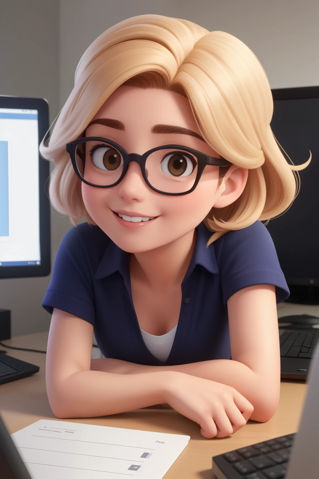 mulher, cabelo ruivo, rosto redondo, olhos castanhos, wearing glasses, acenando, sorrindo, usando computador, cabelo longo, cabelo alaranjado