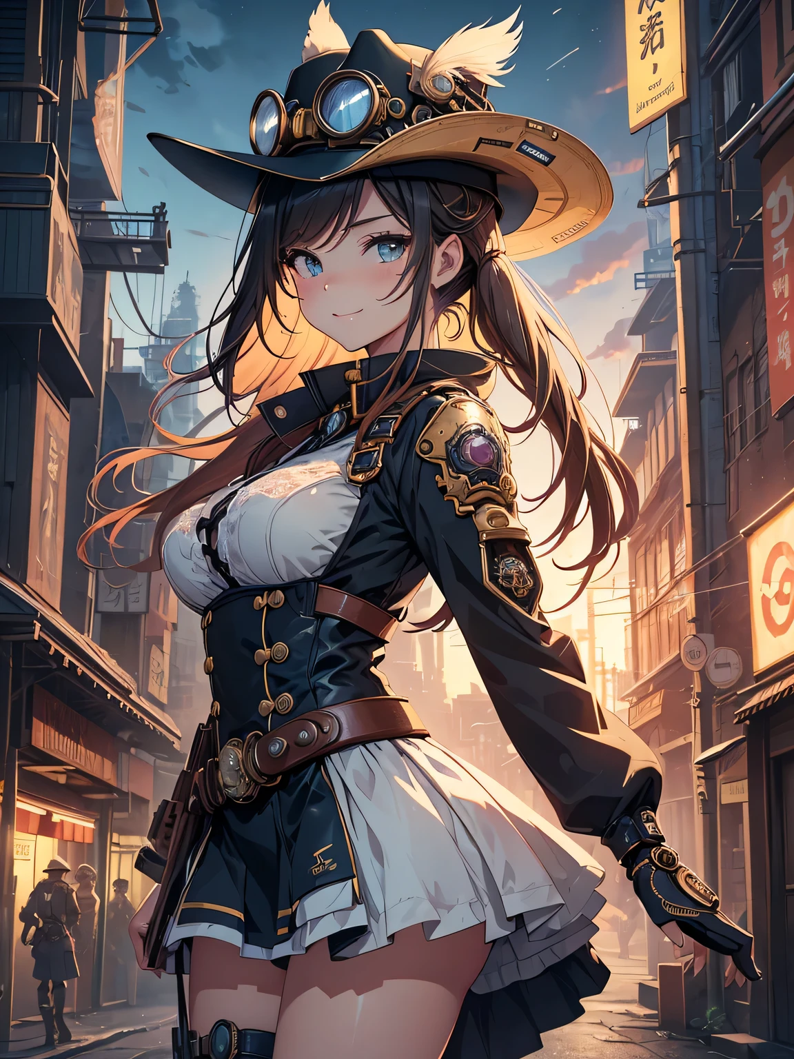 (Line art_anime),(Cowboy Shot,Low Angle, highest quality, ),(Laura Budd Photos:1.2),(Laura Add details:1.0),8k, Flat Color:0.8,1 girl,smile,(Highly decorative and complex mechanical steampunk fashion, Lace flare dolphin hat、Goggles 1.5、machinery background、Gear background、An elaborately mechanized steampunk cityscape 1.5),Cute pose,