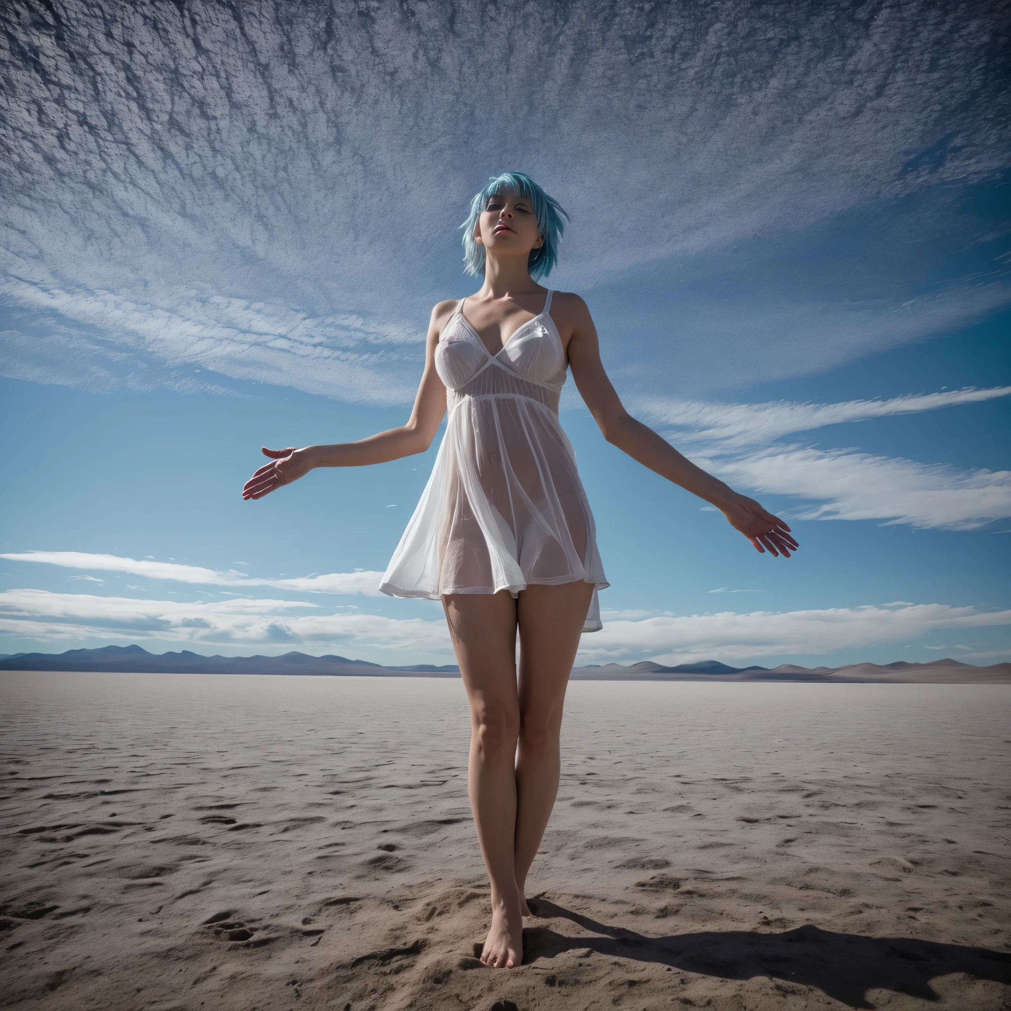 WhiteWetWear, absurdres, highres, (official art, beautiful and aesthetic:1.2), full body, (near vision:1.15), (1woman, blue hair, medium hair, blue eyes, bright eyes, short white dress, blue ruffle:1.2) blue sky, Shimmering Galaxy, (Salar de Uyuni:1.2), (fractal art:0.8), water effects, ripple effects, (flower effects: 0.65), light effects, realistic hands. The character is surrounded by mist, evoking a mysterious and eerie atmosphere. The lighting is dark and atmospheric, with a red smoke adding a touch of sinister ambiance. The image is of the best quality, with a resolution of 4k and HDR enhancement, showcasing the utmost level of detail and realism, nsfw, full body shot. analog photography, high quality textures, The perspective is from below, emphasizing the sheer majesty and power of woman. Sensual and alluring posture. Clear blue cloudy sky. photorealistic shot.