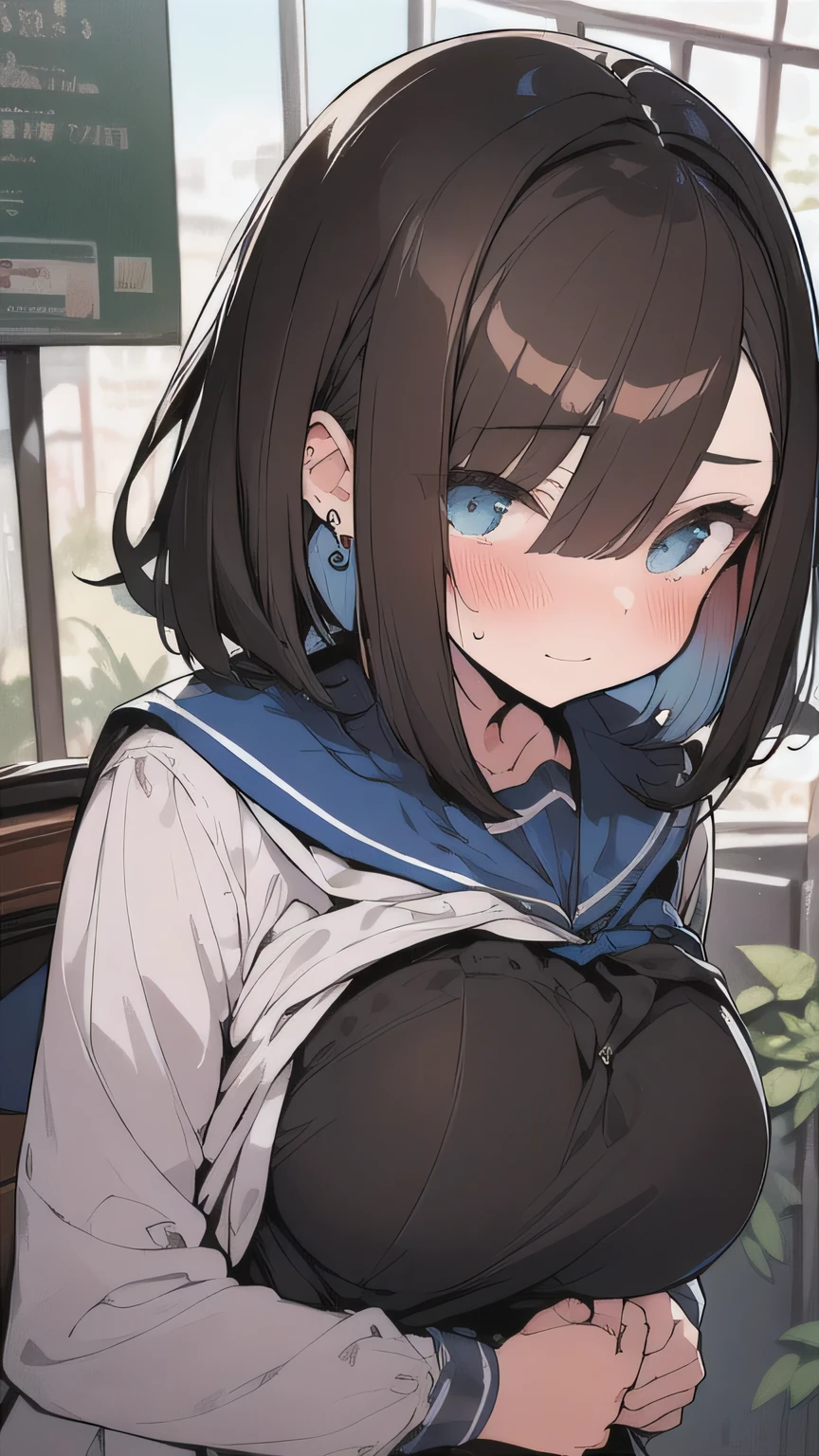 (best quality), (Super detailed), (Best Illustration), (masterpiece), nsfw, (woman), high contrast, {(serafuku lift:1.2), show off breast}, (large breasts), {brown hair, (sideburns), (bob cut:1.3), curly hair, hairs between eyes, colored inner hair}, {(detailed eyes), blue eyes}, blush, earring, wind, (botanical railroad))
