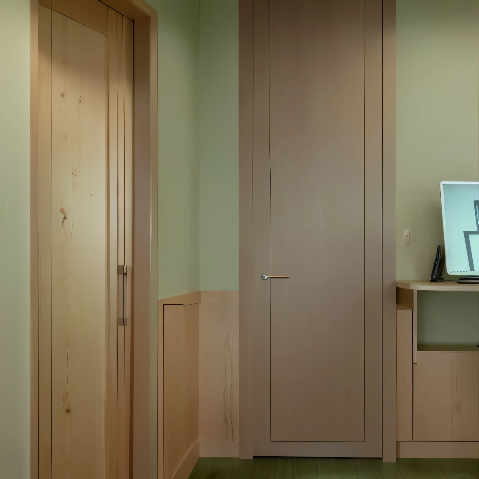In a realistic setting a desk with a monitor or screen occupies the right side of the frame, suggesting a space dedicated to work or study. The soft color palette of greens and browns, along with the absence of windows, creates a secluded atmosphere, ideal for focus and contemplation. Woodgrain boards as panels which is towards the bottom up against the green walls, along with woodgrain doors with the same woodgrain framing around the doors. The door towards the middle is close. Whereas the door off to the side is open, which shows the depth of the hall and other rooms & doors.