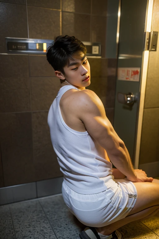 20-year-old boy ,Korean male officer ,..,handsome ,((unrealistic super big tight butt ))............................. sit on the ground , His legs spread apart sitting on the ground................................, Muscle Man , ((The arm muscles are very large...................)) ,large , Wide shoulders ,open legs, head turn slightly to looking back to the camera, rear shot.......................................... high angle looking down...............,Sexually suggestive, (Dynamic Poses:1.1) , thights , (Embossed Focus:1.2),On your knees........................., empty toilet cubicle at night, Best qualtiy , Wide lens from far ,deep depth of field ,Bokeh background , (((only boy , only male))) , masculine boy , hunk
