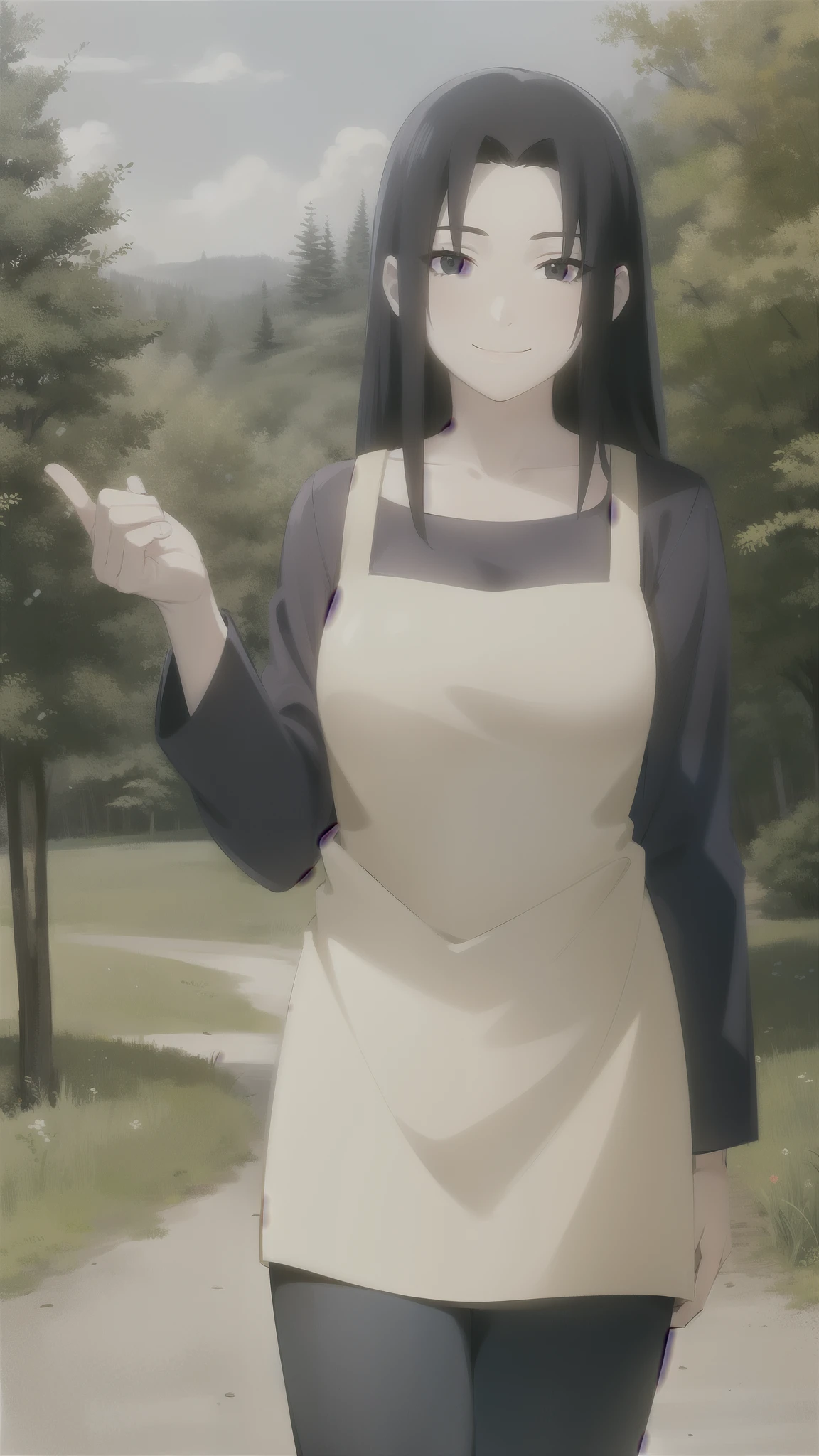 1girl, solo, long hair, black hair, apron, looking at viewer, shirt,sidelocks, black eyes, smile, collarbone, outdoors,forest, shirt, cowboy shot, long sleeves,