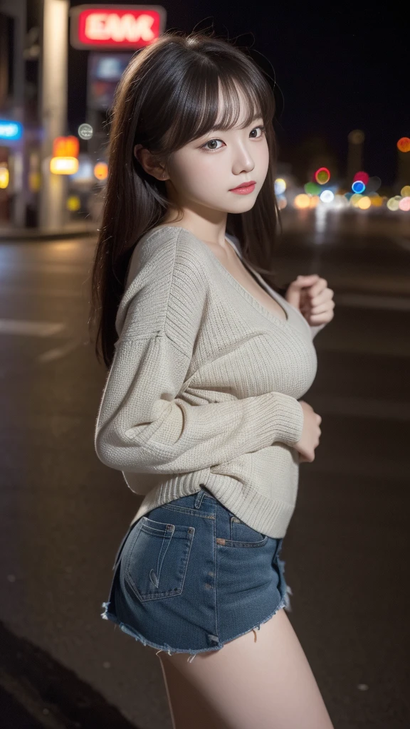 Highly detailed CG Unity 8K wallpapers, Highest quality, Very detailed, masterpiece, Realistic, photo Realistic, Very detailedかわいい, 20-year-old, Anatomically correct fingers、Perfect Fingers、(((Do-it-yourself skirt lift:1.2))), (Lift it yourself),  Small white string panties、((blush)), ((Looking away and looking sideways))、(((A look of shame)))、Pastel color shoulder sweater、Pastel-colored pleated mini skirt、Japan、city、Jet Black Hair、Updo、White sneakers、(showing panties yourself)、garter belt
