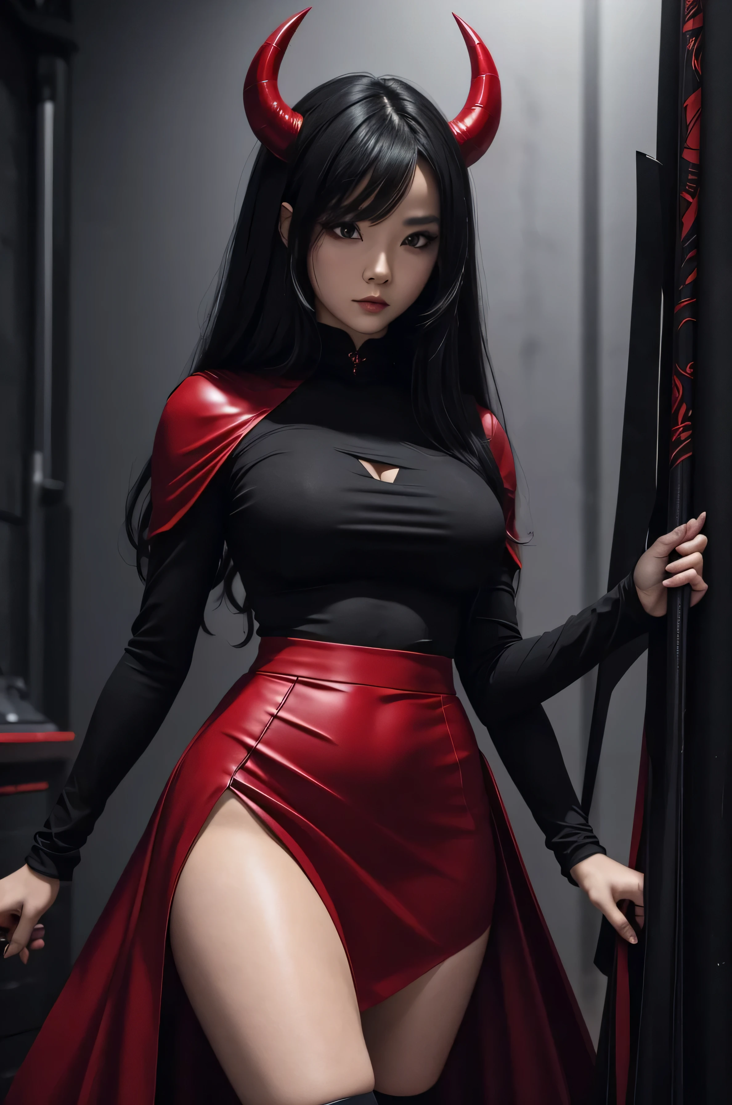 8K,Demon Slayer, the female demon,Super beautiful(like the real thing),Sexy black and red outfit,black tight skirt,devil's horns,red eyes,masterpiece,Photorealistic RAW photos of the highest quality。bright colors,rich colors, Backlight, cinematic lighting, film grain, to be born, 50MM lens, Nikon D850,fantasy art,character art,ultra high resolution,super realistic skin,beautiful expression,Dark mountain range,Devil makeup,blonde mohawk hair,smile,Close-up,perspective from above,nsfw, 7 inch penis sticking up.