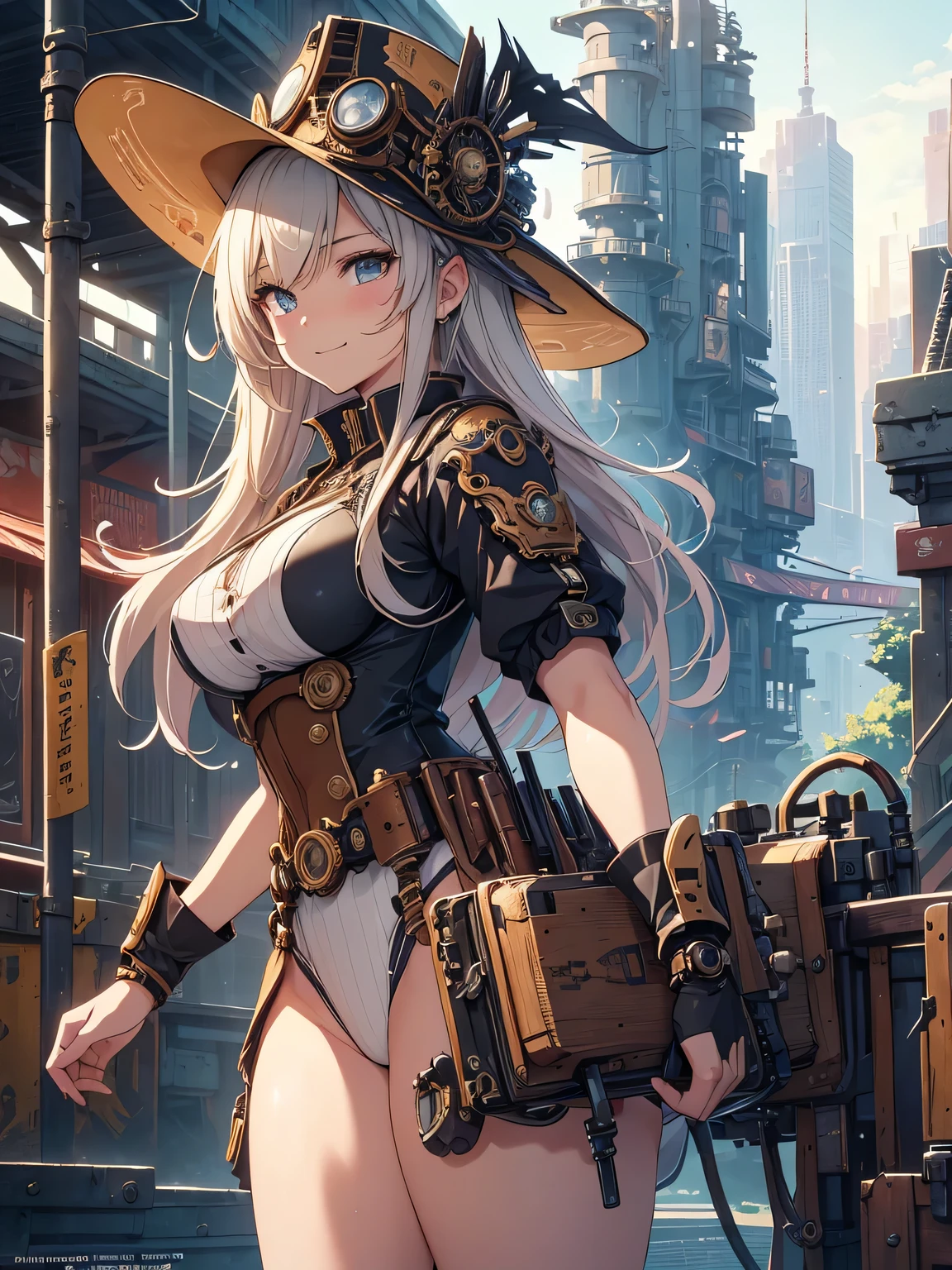 (Line art_anime),(Cowboy Shot,Low Angle, highest quality, ),(Laura Budd Photos:1.2),(Laura Add details:1.0),8k, Flat Color:0.8,1 girl,smile,(Highly decorative and complex mechanical steampunk fashion, Lace flare dolphin hat、Goggles 1.5、machinery background、Gear background、An elaborately mechanized steampunk cityscape 1.5),Cute pose,