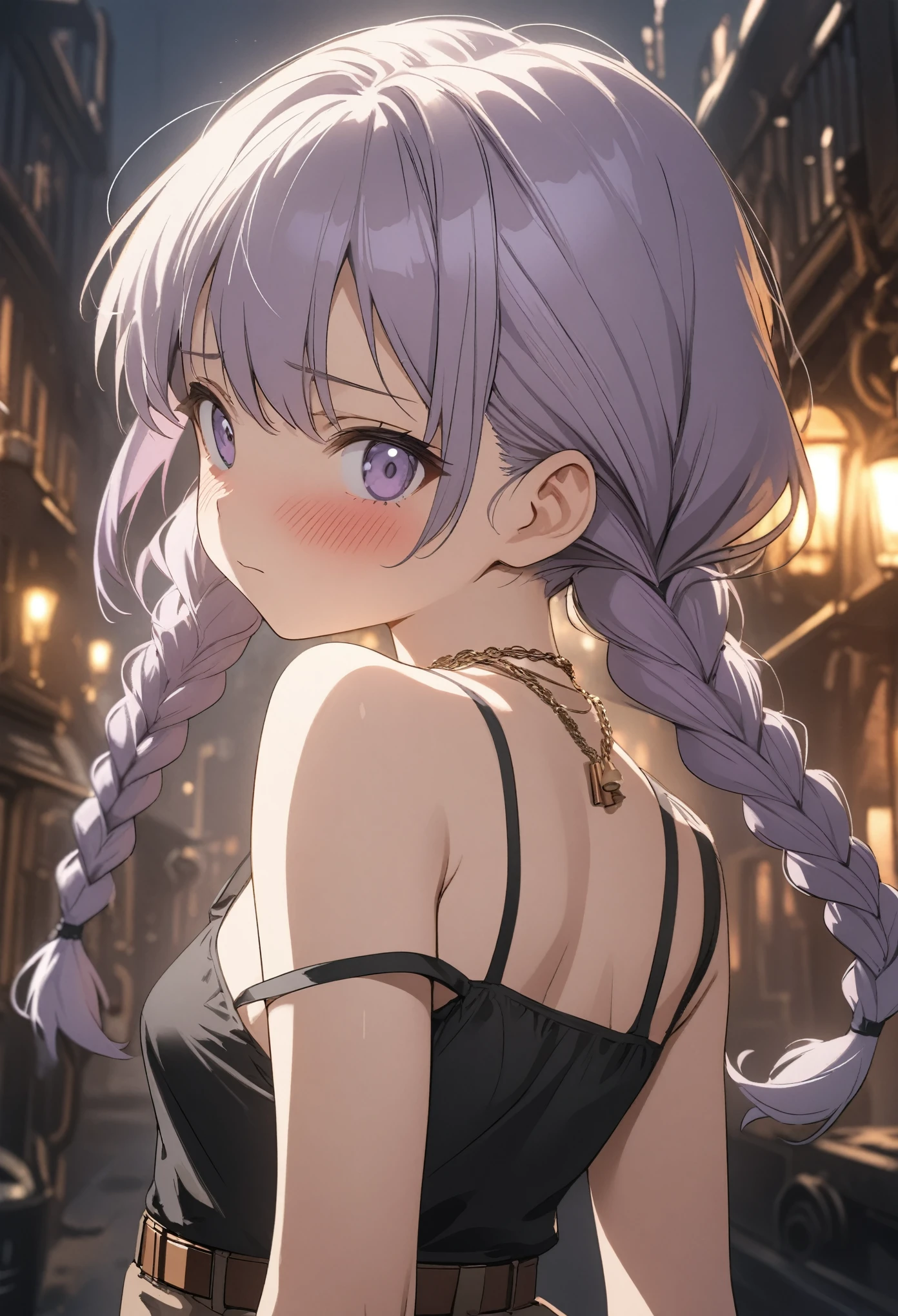 ((Masterpiece)), (highly saturated), (Anime:1.5), ((best quality)), (sketch:0.3), (best quality:1.2), (Professional Photography:1.2), (12 years old), ((1girl)), Textured skin, cinematic lighting, from behind, intricate details, pale purple hair, cute teenage girl, (shy and very blush), lower eyelashes, (twin braids), single elbow glove, ragged short shorts, cute bikini top only, (strap slip), Thin chain necklace, belt, bullet, upper body, potrait, (cute pose), ((on the steampunk city)),