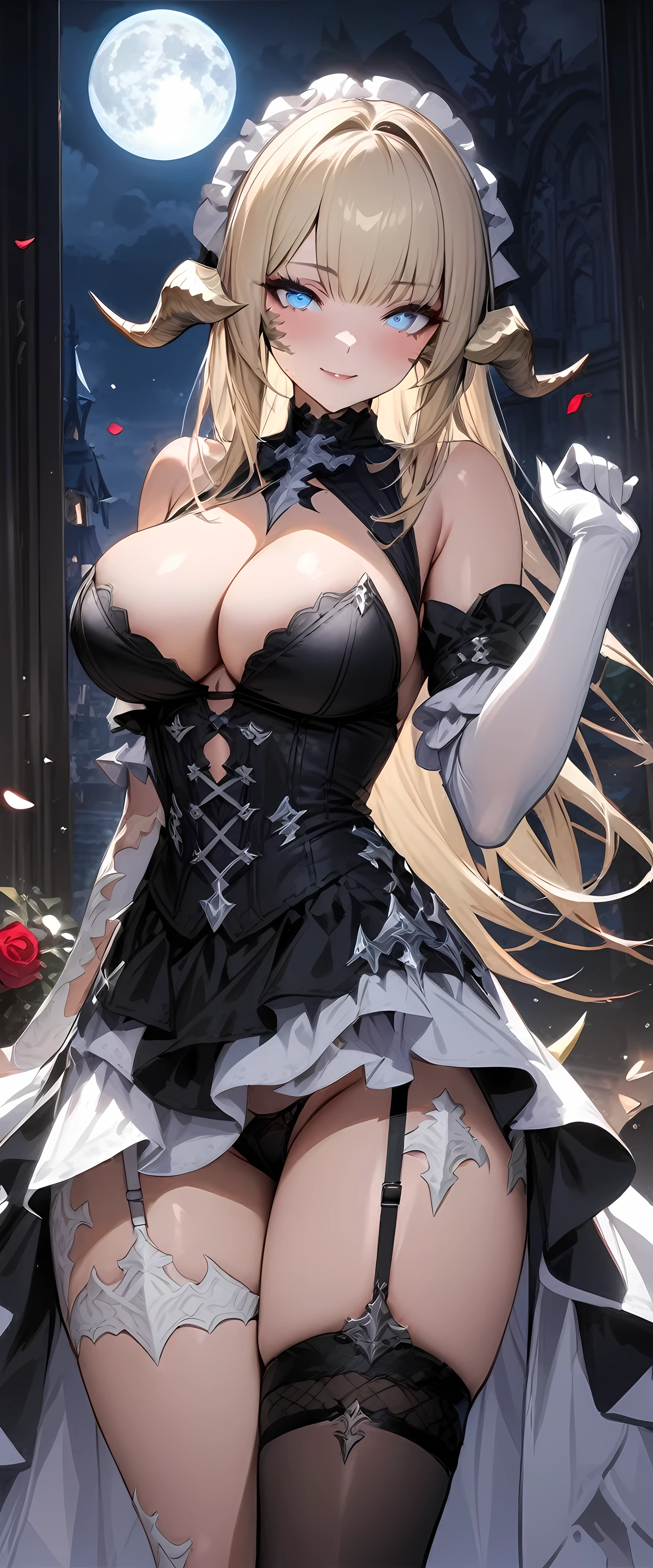 (masterpiece), best quality, expressive eyes, perfect face,1girl, bare shoulders,final fantasy xiv,au ra,(white scales,white dragon tail,white dragon horns:1,2),white elbow gloves,big breasts,cleavage,gothic ta:1.4),[[garter belt]],asymmetrical leg wear, white full moon scenery,rose petals in the air,(night:1.1),sexy pose,bewitching pose,standing,head tilt,cowboy shot,blonde hair,blue eyes,light smile