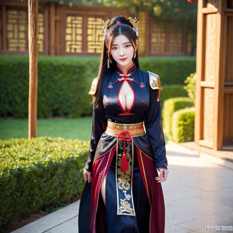 1 young woman aged 20 years, Full body, standing and walking beautifully, Long, flowing hair, Face with heavy makeup, clearly enhance beauty, Big, bouncy breasts, Looking at the camera with sexy eyes, In a dark black Chinese warrior outfit,dark red,dark blue, It has a shiny silver-gold metal.,In a flower garden, Chinese woman, Traditional Chinese armor warrior clothing Taken with a high quality camera 45,000,000,000 pixels 16k,,