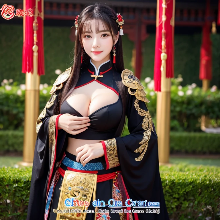 1 young woman aged 20 years, Full body, standing and walking beautifully, Long, flowing hair, Face with heavy makeup, clearly enhance beauty, Big, bouncy breasts, Looking at the camera with sexy eyes, In a dark black Chinese warrior outfit,dark red,dark blue, It has a shiny silver-gold metal.,In a flower garden, Chinese woman, Traditional Chinese armor warrior clothing Taken with a high quality camera 45,000,000,000 pixels 16k,,