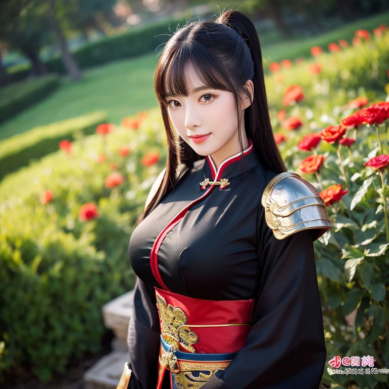 ung woman aged 20 years, Full body, standing and walking beautifully, Long, flowing hair, Face with heavy makeup, clearly enhance beauty, Big, bouncy breasts, Looking at the camera with sexy eyes, In a dark black Chinese warrior outfit,dark red,dark blue, It has a shiny silver-gold metal.,In a flower garden, Chinese woman, Traditional Chinese armor warrior clothing Taken with a high quality camera 45,000,000,000 pixels 16k,,