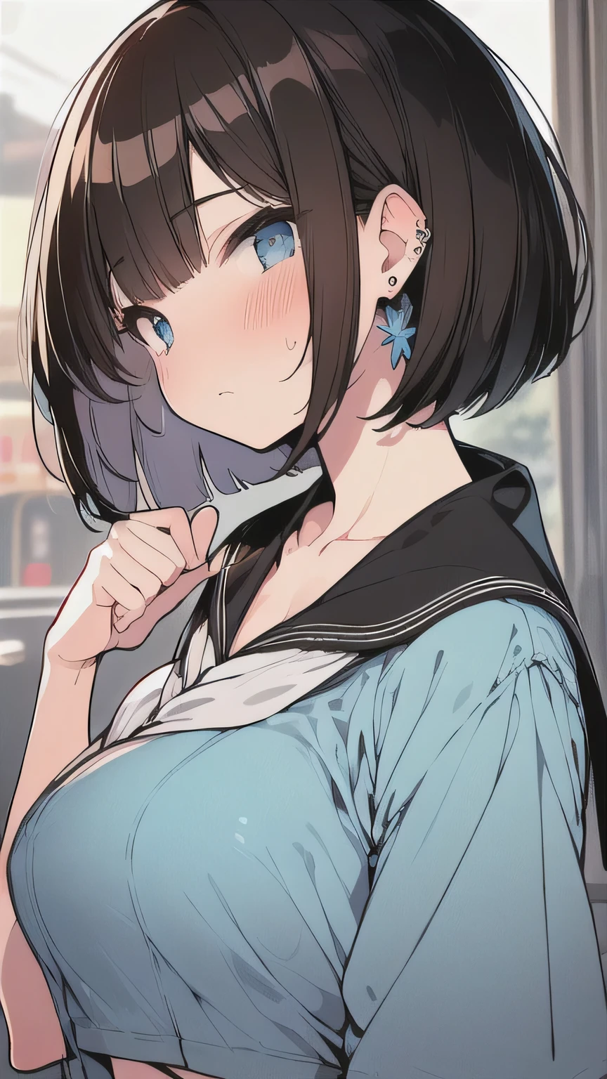 (best quality), (Super detailed), (Best Illustration), (woman), look at viewer, {(police uniform, (shirt, lift:1.2), (show off bra:1.3)}, (large breasts), {(detailed eyes), (heart-shaped pupils), blue eyes}, {brown hair, (sideburns), (bob cut:1.3), curly hair, hairs between eyes, colored inner hair}, blush, earring, hair band,