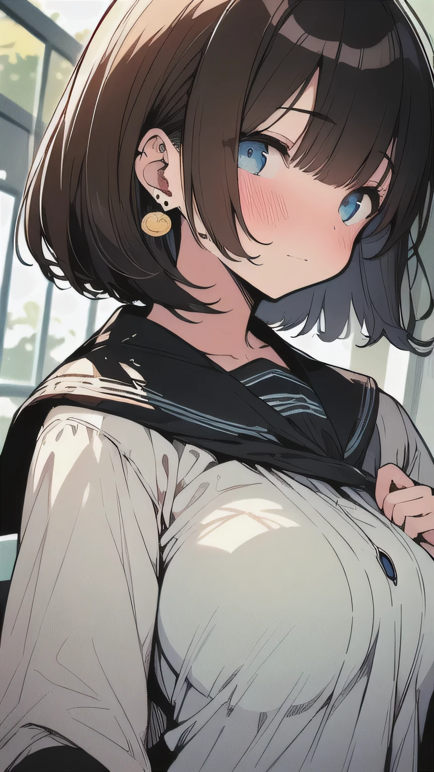 (best quality), (Super detailed), (Best Illustration), (masterpiece), nsfw, (woman), high contrast, {(serafuku lift:1.2), show off breast}, (large breasts), {brown hair, (sideburns), (bob cut:1.3), curly hair, hairs between eyes, colored inner hair}, {(detailed eyes), blue eyes}, blush, earring, wind, (botanical railroad)