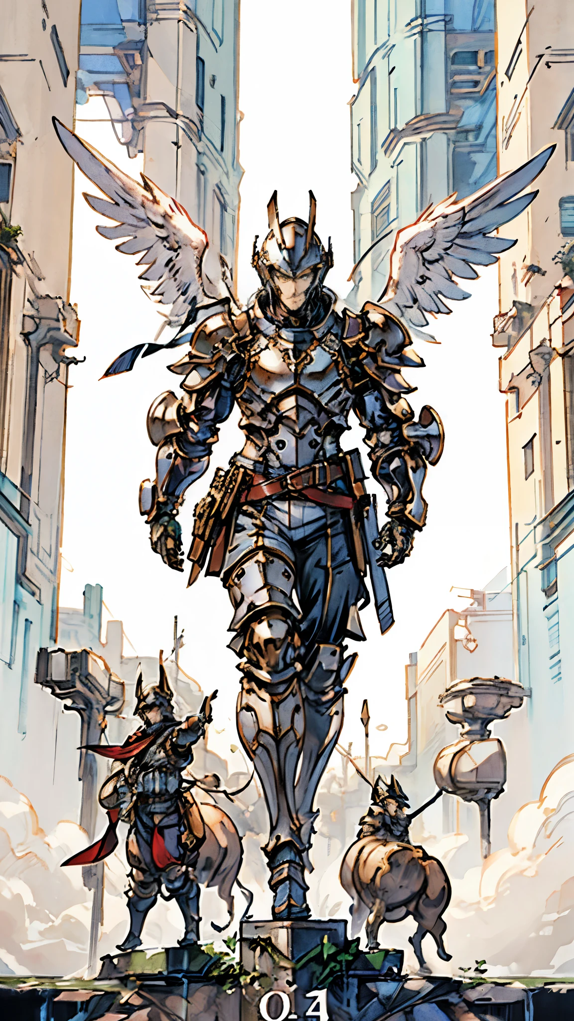 A man wearing a full-face helmet, a fantasy-style biotech armored combat suit, green eyes, (a composite layered chest armor), fully enclosed shoulder guards, matching arm and leg guards, the belt is adorned with Falcon Wing, (the color scheme is primarily white with red and blue accents), the design balances heavy with agility, a high-tech bio-mecha armor, (Armor Concept Inspired by Falcon, stand on the top of a skyscraper in a futuristic sci-fi city), this character embodies a finely crafted fantasy-surreal style armored hero in anime style, exquisite and mature manga art style, (battle damage, element, plasma, energy, the armor glows), ((male:1.5)), metallic, real texture material, dramatic, high definition, best quality, highres, ultra-detailed, ultra-fine painting, extremely delicate, professional, perfect body proportions, golden ratio, anatomically correct, symmetrical face, extremely detailed eyes and face, high quality eyes, creativity, RAW photo, UHD, 32k, Natural light, cinematic lighting, masterpiece-anatomy-perfect, masterpiece:1.5