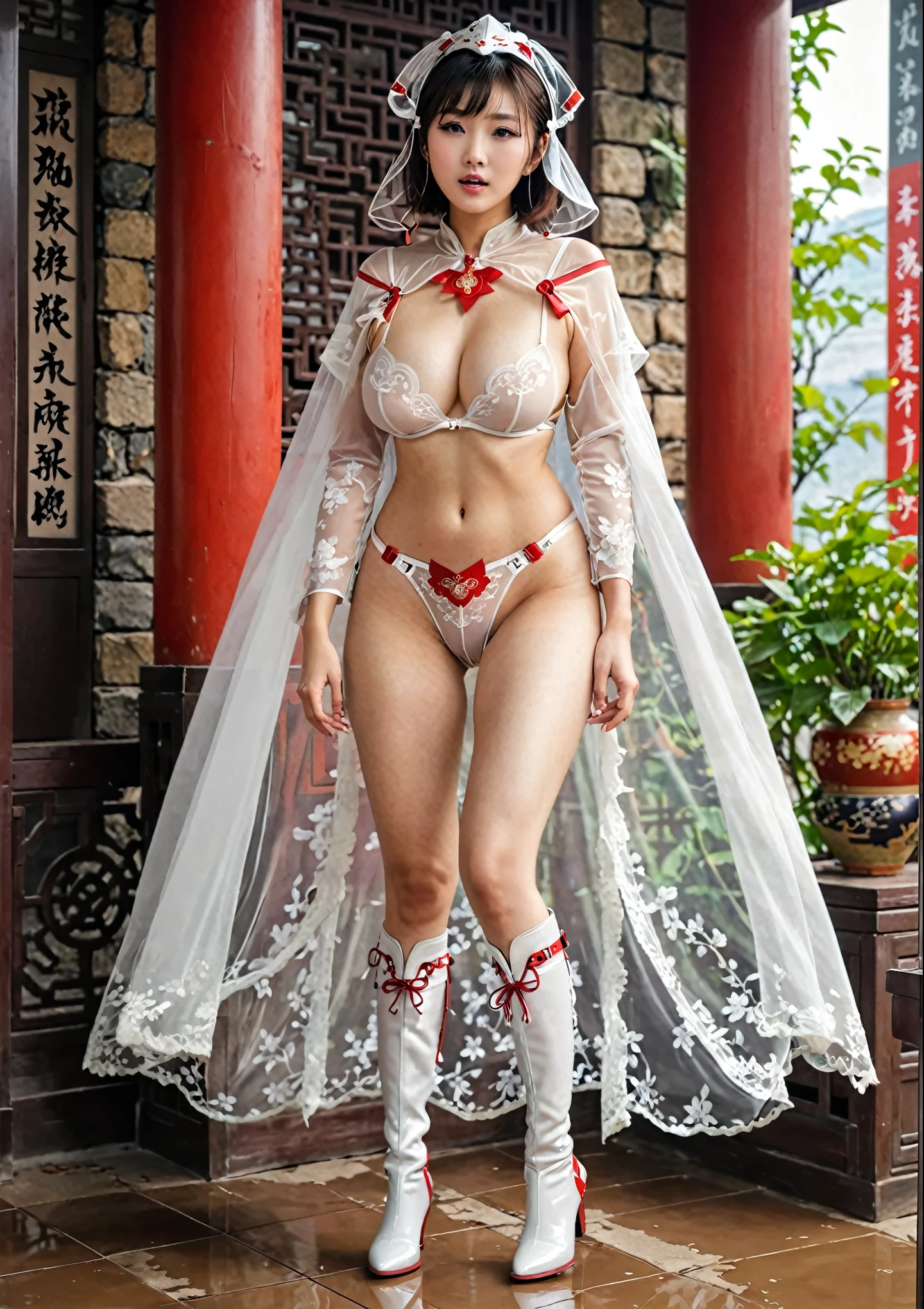 Chinese girl,, Short hair girl, Looking high in lust,Lustful eyes, Full body costume, Transparent underwear,Thin clothing, nearly nude, Huge breasts,Long-legged girl, Put on your boots