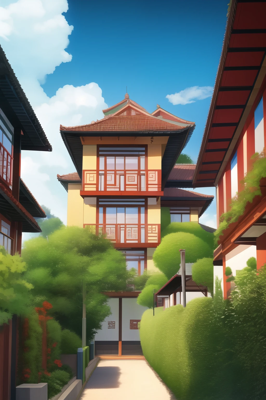 suburban streets of a realistic futuristic Brazilian city with indigenous and Chinese cultural roots where the houses are in cubist style and the main colors are gray, vermelho, laranja e verde